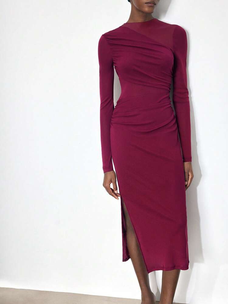 SHEIN Maija Women's Solid Color Round Neck Long Sleeve Pleated Side Slit Hem Fitted Midi Dress, Elegant Office Wear, Music Festival, Valentine's Day, Summer Dress