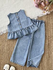 LMoss Kids 2pcs/Set Young Girl' Cute Blue Denim Loose Fit Camisole And Pants Set,Spring Outfits, Summer Outfits,Casual And Fashionable Vacation Outfits,Street Wear,2000s Style  ,Comfortable And Soft Denim Set,Vacation Outfits - Light Wash - View 1