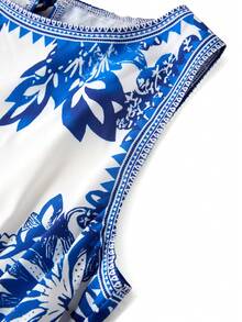 Ellevyn Women's Fashionable & Elegant Printed Sleeveless Loose Jumpsuit Blue And White Jumpsuit Elegant Jumpsuit Summer Jumpsuit Vacation Outfit Wide-Leg Jumpsuit - Blue and White - View 4