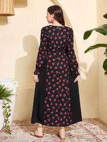 SHEIN 1pc Teen GirlFloral Print Dress, Square Neckline With Golden Lace Trim, Long Flare Sleeves, Maxi Length, Side Panel, Spring - Black - View 2