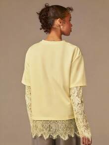 Athîral 女士休闲长袖撞色蕾丝衬衫 - 黃色 - 查看 2