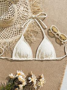 Swim Mod 单件式挂脖比基尼上衣，纹理面料，杏色，可爱甜美风格，适合海滩、度假、新年泳装 - 杏色 - 查看 1