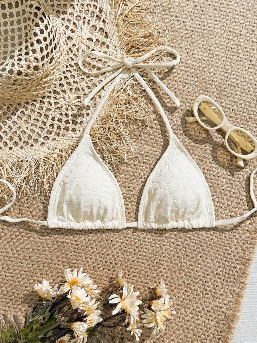 Swim Mod 单件式挂脖比基尼上衣，纹理面料，杏色，可爱甜美风格，适合海滩、度假、新年泳装 - 杏色 - 查看 1