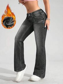 SHEIN PETITE 女式低腰喇叭裤保暖内衬休闲牛仔裤