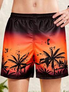 Teenager Boys' Casual Loose Orange Coconut Tree Print Swim Trunks, Suitable For Summer