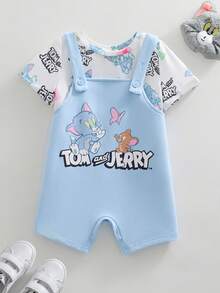 TOM & JERRY X SHEIN Baby Boy Casual Everyday Commute Cute Cartoon Letter Graphic Short Sleeve T-Shirt And Overalls Set, Summer - Blue - View 1