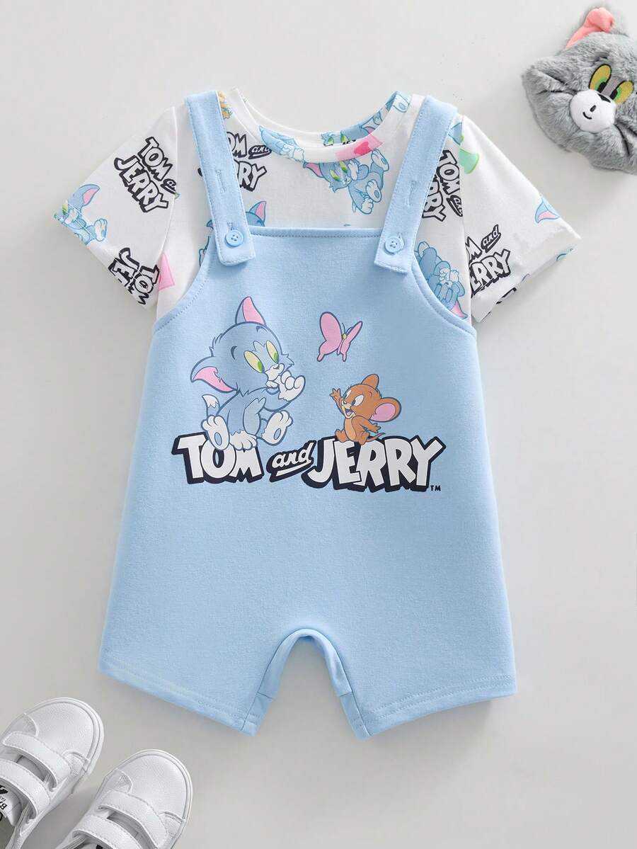 TOM & JERRY X SHEIN Baby Boy Casual Everyday Commute Cute Cartoon Letter Graphic Short Sleeve T-Shirt And Overalls Set, Summer - Blue - View 1