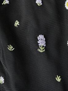 SHEIN MOD 女士夏季休闲度假花卉刺绣网纱收腰吊带连衣裙 - 黑色 - 查看 5