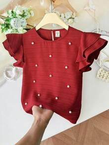 SHEIN Tween Girls' Spring/Summer Casual Beaded Elegant Ruffle Trim Woven Textured Round Neck Blouse, Red Ruffle Sleeve Top Girls Red Teen Girl Shirt Red Blouse For Kids Red Top Kids Little Girl Red Top - Red - View 6