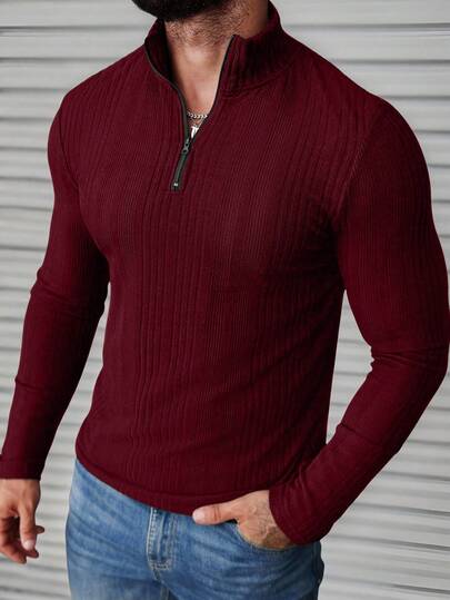 Manfinity CasualCool Plus Size Men's Solid Color Minimalist Casual Zip-Up Long Sleeve T-Shirt Men Zip Up Shirt Red Sweater Men Burgundy Top For Men Knitted Men Shirt Red Tops For Men Old Money,Daily Leisure, Weekend Trips, Outdoor Activities, Travel Expeditions, Relaxed Work Environments Or Semi-Formal Occasions,Boyfriend/Husband Gift, Anniversary Gift  Wedding Burgundy Zip Up Shirt Red Casual Top Men Men Knitted Sweater