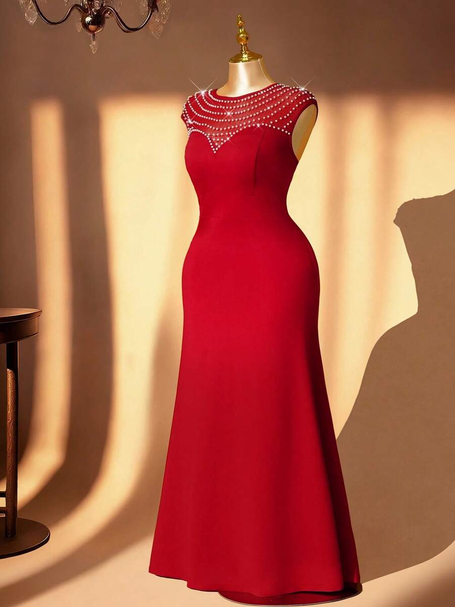 DreamSkyne Đầm dạ hội cỡ lớn phối lưới, đính hạt cườm, kiểu dáng thanh lịch, trang trí lưới. - Đỏ - Xem 1