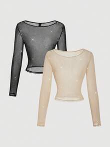 SHEIN MOD 2pcs Women's Sexy Sheer Semi-See-Through Fitted Long Sleeve Top,Country Outfits,Beach Vacation Wear,Tea Party ,Modest ,Prom Top,Cute Tops,Valentine's Day,Club Outfit,Tank Top,Summer Outfit For Women,Spring Break Outfits,Sparkly Tops, Carnival Costume Long Sleeve Tops - Multicolor - View 2