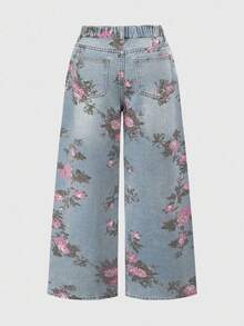 ROMWE Fairycore Quần jeans ống rộng dáng suông cỡ lớn dành cho nữ, in họa tiết hoa cổ điển, đã qua xử lý. - Rửa nhẹ - Xem 2