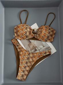 Swim Vcay Women's Beach Spring/Summer Music Festival Knitted Jacquard Brown Splicing Beaded Detachable Shoulder Strap High Cut Pants Retro Vacation Style Bikini Set - Multicolor - View 6