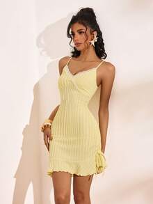 Zolique Women's Pale Yellow Summer Elegant Vacation Dress,Deep V-Neck Drawstring Ruched Waist Floral Trim Sundress,Sweet Japanese Style Mesh Mini Dress - Yellow - View 3