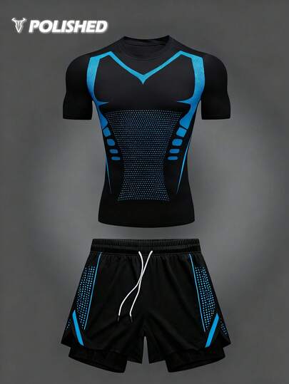 Manfinity Sport Polished 男士印花修身运动套装，弹性抽绳，适合跑步、健身、户外休闲运动。