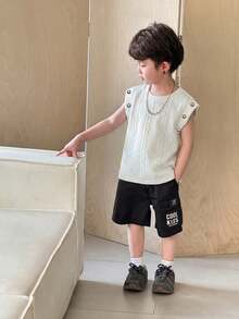 SHEIN 男童纹理圆领纽扣装饰休闲背心 - 白色 - 查看 6