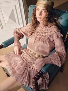 SHEIN Unity Women's Romantic Elegant Ruffled Two Pieces Dress Set, Blouse And Mini Skirt, Shiny Party Outfit With Ruffle Design - Dusty Pink - View 3