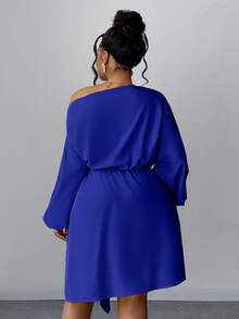 Maweii Elegant Ruched Waist Dress With Asymmetric Hem, Puff Sleeves And Rose Floral Decor, Minimalist Design For Everyday Wear And Commuting, Plus Size - Royal Blue - View 2