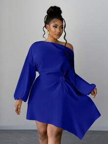 Maweii Elegant Ruched Waist Dress With Asymmetric Hem, Puff Sleeves And Rose Floral Decor, Minimalist Design For Everyday Wear And Commuting, Plus Size - Royal Blue - View 5