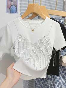Resyla White Cropped Fitted Short Sleeve T-Shirt For Women, Distinctive Rhinestone Design, New Style Midriff-Baring Waist T-Shirt, Fitted Short Tee - White - View 3