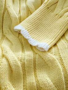 SHEIN Butter Yellow Cardigan With Cable And Embroidery - Light Yellow - View 7