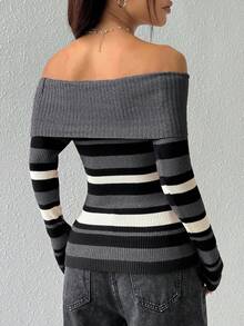 Flirla Women's Striped Off-Shoulder Long Sleeve Fashionable Sweater - Dark Grey - View 2