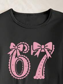 SHEIN Explorewe 1set Teen Girls Pajamas, 67 Number & Bow Print Knit Long Sleeve Top Paired With Plaid Print Pants, 2pcs Loungewear Set - Black - View 7