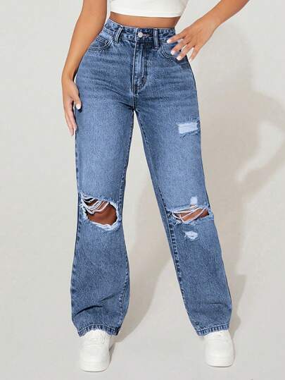 SHEIN PETITE Women's Casual Ripped Pocket Denim Jeans