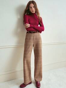 Franclia 法式复古时尚格纹羊毛西装套装，配腰带，休闲长裤，秋冬百搭裤，教师裤，直筒西装裤，秋季套装，女士冬季服装裤装 - 彩色 - 查看 4