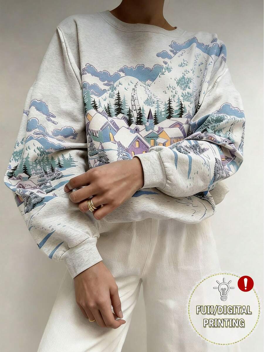 EMERY ROSE Áo sweatshirt nữ in hình phong cảnh mùa đông kỳ diệu, kiểu dáng vai rớt, tay lửng, dáng suông, thích hợp cho lễ hội hóa trang. - Nhiều màu - Xem 1