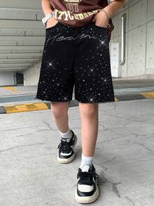 SHEIN Tween Boy Fashion Casual Y2k Vintage Cool Sparkling Letter Rhinestone Design Black Loose Denim Shorts Soft Dailywear And Fall And Autumn Or Winter Back To School Homecoming Rave Festival And Beach Streetwear School Rhinestone Shorts Sparkly Denim Shorts - Black - View 5