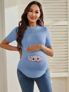 SHEIN Maternity Cartoon Print Round Neck Casual Short Sleeve T-Shirt - Blue - View 3