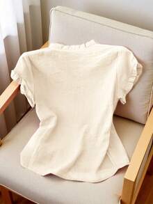 Women's Solid Color Ruffle Front Button Casual Short Sleeve Shirt - Beige - View 2