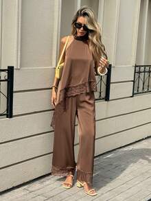 Siren Gaze Women's Contrast Lace Asymmetric Hem Halter Top And Pants Fashion 2 Pieces Set - Chocolate Brown - View 5