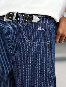 Manfinity Hypemode Men's Casual Street Style Embroidered Multi-Pocket Striped Blue Denim Jeans Mens Navy Blue Pinstripe Pants Baggy Cargo Jeans Men, Perfect Holiday Gift For Boyfriend & Husband