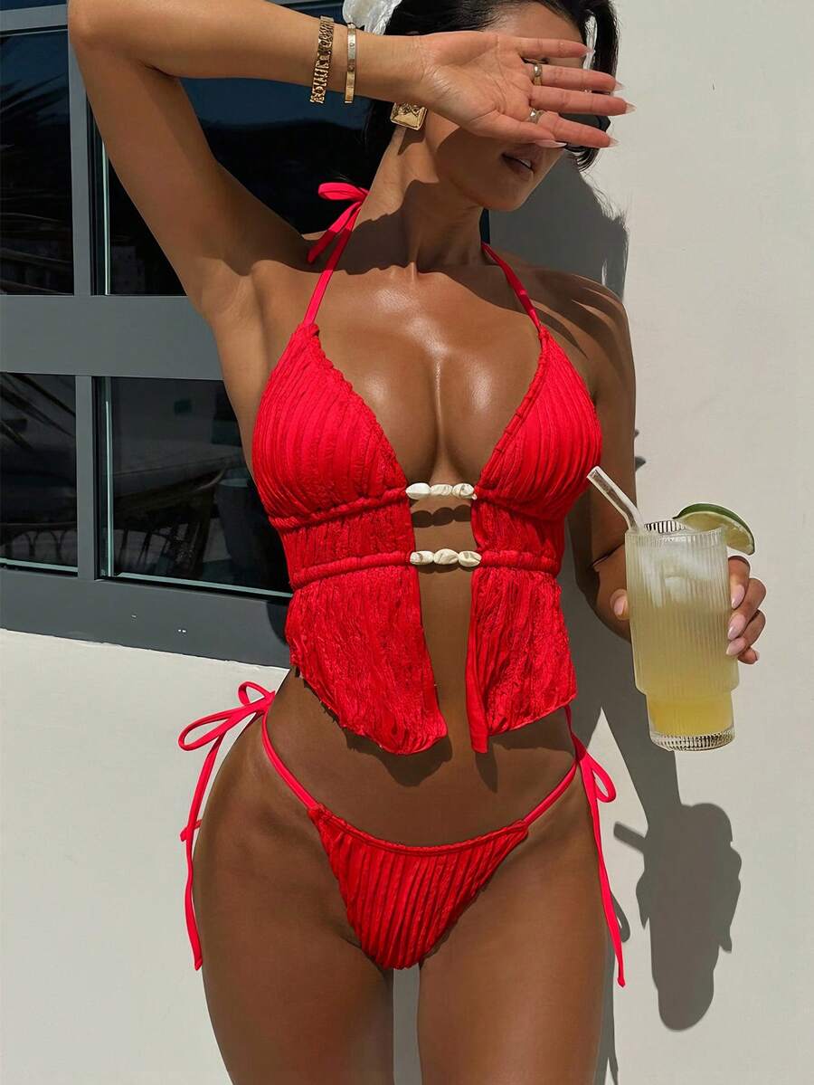 Bonvoyette 女士纯色提花面料吊带露背抽绳系带挂脖性感可爱少女沙滩比基尼泳装套装 - 紅色 - 查看 1
