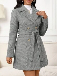 SHEIN Lady 女士双排扣翻领细腰带西装外套 - 黑與白 - 查看 7
