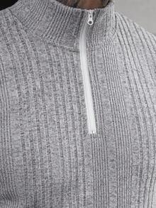 Manfinity Homme 男士加大码纯色简约休闲半拉链长袖T恤，复古风格，适合日常休闲、周末旅行、户外活动、探险旅行、轻松的工作环境或半正式场合，可作为男友/丈夫礼物、周年纪念礼物或结婚礼物。男士灰色针织上衣，男士四分之一拉链长袖，灰色男士亨利衫，男士针织长袖。 - 淺灰色 - 查看 3