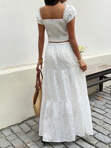 Sunnyshic 春夏时尚白色提花复古花卉拼接荷叶边短袖上衣和松紧腰A字长裙两件套女装 - 白色 - 查看 2