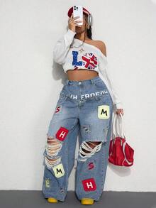 ROMWE Street Life Spring / Summer Y2K Casual Street Style Embroidered Pocket Design Dual Waistband Plus Size Loose Fit Denim Jeans - Light Wash - View 2