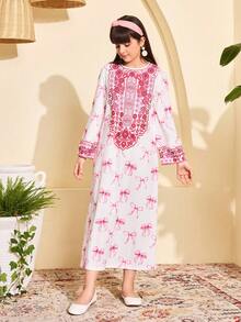 White And Red Girls Modest Dress,Arabic Pattern Woven Fabric Classic Vintage Elegant Fashionable Dress With Bag - Multicolor - View 5