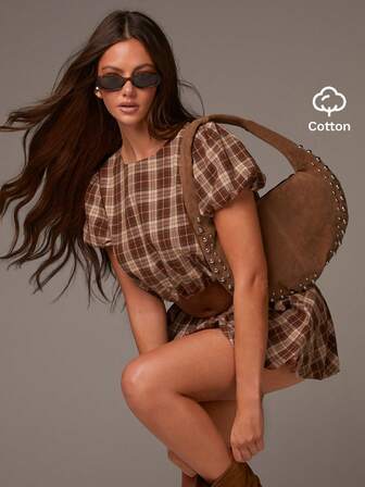 Athîral Damset med rutig puffärm och blommig bubbelkjol, avslappnad stil