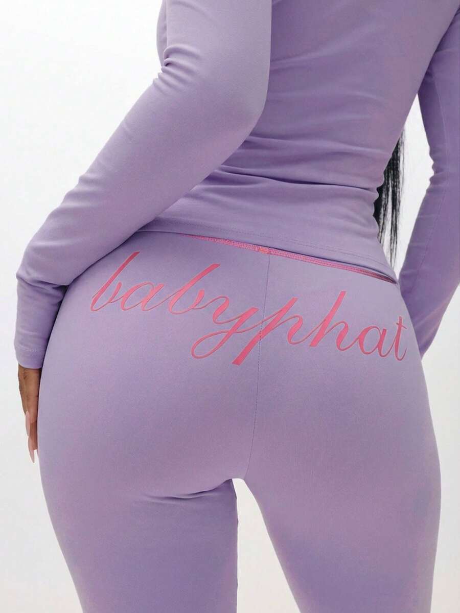 BABYPHAT 女士高腰喇叭裤瑜伽裤弹力休闲日常舒适阔腿裤 - 紫丁香色 - 查看 1