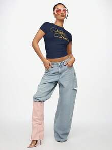 SUMWON WOMEN Video Vixen Graphic Baby Tee Crop Top Short Sleeve Cotton Casual Everyday Fitted Script Print Lettering - Navy Blue - View 7