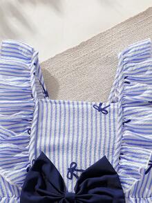 SHEIN Vintaside Kids 女童蓝白条纹方领荷叶袖连衣裙，饰有3D蝴蝶结，蝴蝶结印花，宽松版型，甜美法式公主裙，夏季 - 寶藍色 - 查看 3