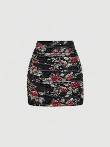 SHEIN MOD 2件套女士优雅度假风纯色及印花褶裥修身中长裙 - 彩色 - 查看 6
