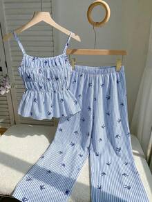 Teenage Girls Vacation Sweet Striped Bow Graphic Print Ruffle Hem Cropped Cami Top + Loose Wide Leg Woven Vest 2 Piece Set