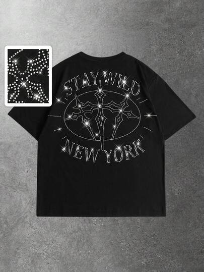 ROMWE MEN 男士十字架字母水钻装饰短袖T恤