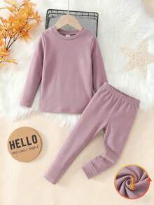 2pcs/Set Young Girls Undershirt-Autumn Winter Base Layer Set Crewneck Long Sleeve Top Elastic Waist Pants Thermal Lined Pink Simple Style 2026 New Year Essential Girls Comfy Set Girl Fall Sets Kids Girl Set 2 Piece Girl Set Two Piece Kids Set - Mauve Purple - View 3